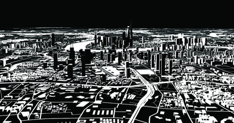 Satellite view of Shanghai, map of the city with house and building. Silhouette, black and white. Skyscrapers. China. People's Republic of China. 3d rendering
