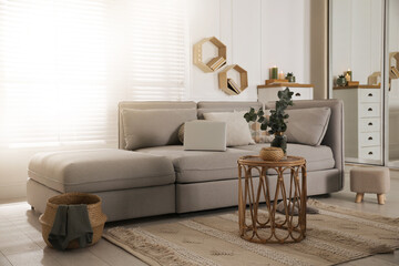 Living room with comfortable grey sofa and stylish interior elements