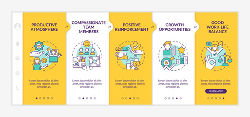 Healthy workplace environment yellow onboarding template. Reinforcement. Responsive mobile website with linear concept icons. Web page walkthrough 5 step screens. Lato-Bold, Regular fonts used