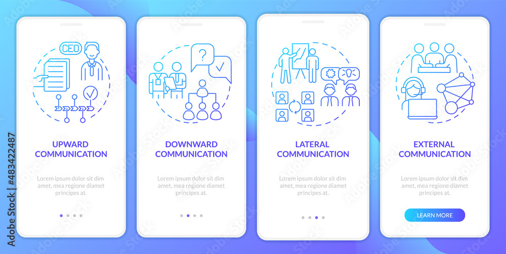 Poster business conversation types blue gradient onboarding mobile app screen. walkthrough 4 steps graphic 