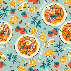 Seamless pattern with traditional Korean food. Rice cakes tteokbokki, boiled eggs, herbs, fruits, berries. Vector background, wrapping paper, fabric in cartoon style