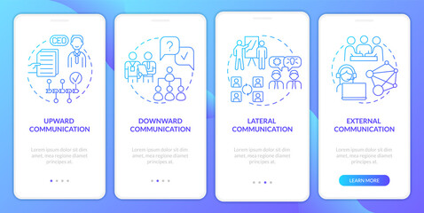 Business conversation types blue gradient onboarding mobile app screen. Walkthrough 4 steps graphic instructions pages with linear concepts. UI, UX, GUI template. Myriad Pro-Bold, Regular fonts used