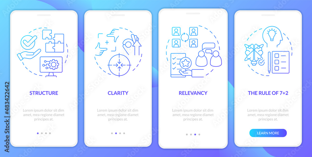 Poster business interaction basics blue gradient onboarding mobile app screen. walkthrough 4 steps graphic 