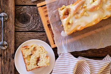 Babka with apple and almonds. Top view.