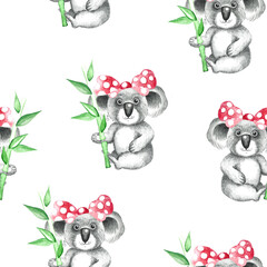 Cute coala seamless pattern illustration isolated on white background.