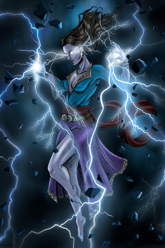 A beautiful goddess girl soars high in the sky. Lightning erupts from her hands and eyes. The girl is dressed in a turquoise shirt with a deep neckline and a purple skirt with patterns. 