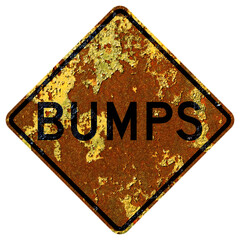 Old rusty American road sign - Bumps, Minnesota and North Dakota