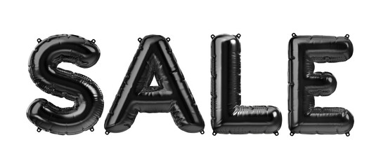 3D Render of black inflatable foil balloon letters sale. Party decoration element. Black Friday, shopping, marketing. Word isolated on white background. Graphic element sign for web design