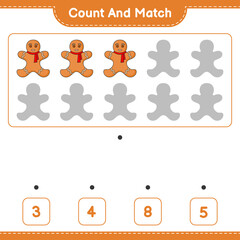 Count and match, count the number of Gingerbread Man and match with the right numbers. Educational children game, printable worksheet, vector illustration