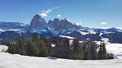Fototapeta na wymiar Winter landscape of Italian Dolomiti Alps. Seiser Alm or Alpe di Siusi location, Italy.