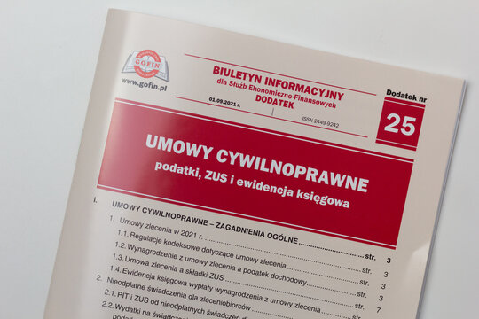 Katowice, Poland – January 25, 2022: Gofin’s information bulletin on Polish civil-law contracts.