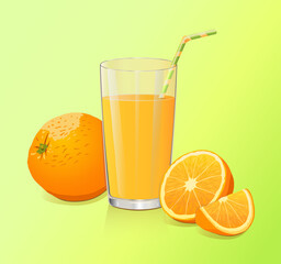  An orange and a slice of orange with a glass of orange juice with a straw on a light green background in a vector. Drink juice through a straw. Wallpapers. Fruit and juice. Food and healthy eating. 