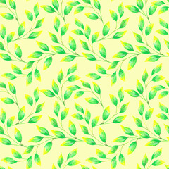 Fototapeta na wymiar Seamless pattern with bright spring green leaves on a colored background. Floral pattern in pencil style. Botanical illustration for fabrics, dresses, interiors