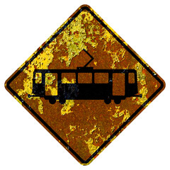 Old rusty American road sign - Light rail crossing, California