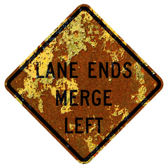 Old rusty American road sign - Merging traffic (through street)