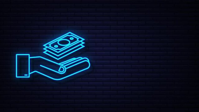 Neon money hand for concept design. Hand holding green money banknote. motion graphic