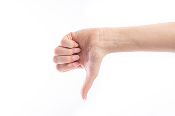Woman hand showing a negative gesture on white background
