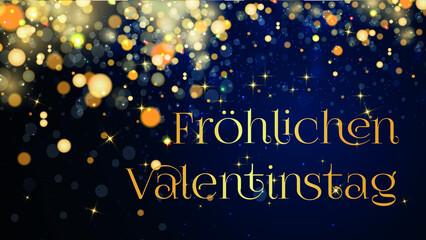 NY nouveau départ-1karte oder banner für einen fröhlichen valentinstag in gold auf einem blauen hintergrund mit farbverlauf mit kreisen und sternen in goldfarbe im bokeh-effekt