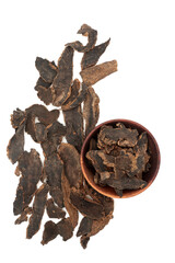 Scrophularia figwort root herb used in traditional Chinese herbal plant  medicine on white background. Used as heart tonic, is anti inflammatory, treats laryngitis, sore throats and fevers. Zuan shen.