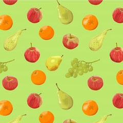 A pattern of fruits oranges apples pears grapes on a light green background in vector. Seamless pattern. Fruits and vitamins. Benefits and healthy nutrition. Packaging and label. Printing on kitchen.
