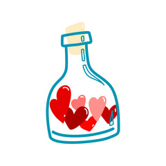 Vector illustration, glass bottle with hearts in doodle style, 80s style, Valentine's day, love drink. Romantic illustration for postcards, posters, stickers, print on clothes.