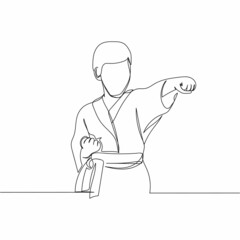 Continuous one simple single abstract line drawing of kid in kimono during training karate icon in silhouette on a white background. Linear stylized.