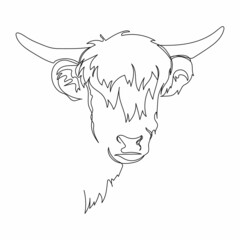 Continuous one simple single abstract line drawing of cattle horns hairy scottish highlands portrait animal concept icon in silhouette