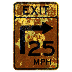 Old rusty American road sign - Turn curve exit speed advisory, Maryland