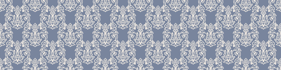 French fleur de lis royal lily seamless border. Farmhouse cottage banner. Lilies lys flower flourish motif rustic damask. © Limolida Studio