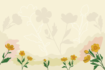The flowers are yellow with beige flower outlines on a light beige background in vector. Wallpapers and screensavers in vector. Flora and plants. Background with flowers for text with congratulations.