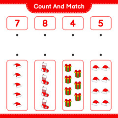 Count and match, count the number of Santa Hat, Gift Box, Christmas Sock and match with the right numbers. Educational children game, printable worksheet, vector illustration