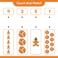Fototapeta na wymiar Count and match, count the number of Cookies, Gingerbread Man and match with the right numbers. Educational children game, printable worksheet, vector illustration