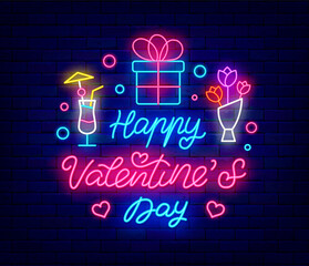 Happy Valentines Day neon greeting card. Flowers, present and cocktail. Glowing effect lettering. Vector illustration