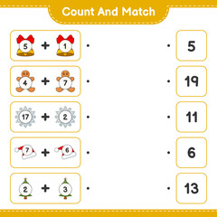 Count and match, count the number of Snowflake, Hat, Tree, Bell, Gingerbread Man and match with the right numbers. Educational children game, printable worksheet, vector illustration