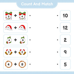 Count and match, count the number of Hat, Bell, Sock, and match with the right numbers. Educational children game, printable worksheet, vector illustration
