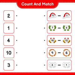 Count and match, count the number of Ribbon, Hat, Christmas Bell, Cookies and match with the right numbers. Educational children game, printable worksheet, vector illustration
