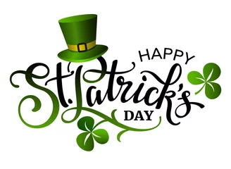 Foto op Canvas Happy Saint Patricks day lettering phrase with clover leaves and green hat. © VETOCHKA