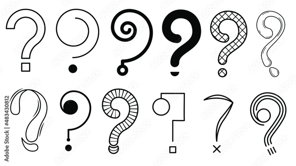 Poster set hand draws collection doodle different black question marks vector design style cartoon interrog