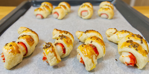 Surimi Crab sticks in puff pastry ready to eat. close up