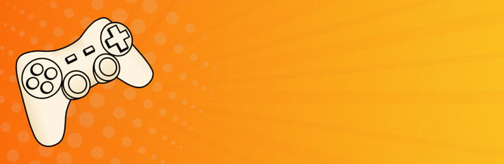 Gamepad for video games. Joystick drawing hand drawn game controller or game pad on orange background, horizontal banner concept with text area © Oleksiy Oliinyk