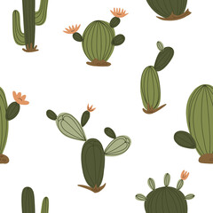 seamless pattern of bright cacti. Collection of exotic plants. Decorative natural elements are isolated on white. Cactus with flowers.