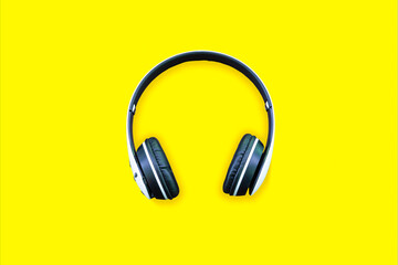 Yellow headphones on yellow background. Music concept,Serbia, Headphones, Headset, White Color, Colored Background