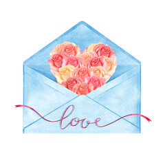 Delicate heart-shaped roses in an envelope with the inscription Love. Valentine's Day, Happy Birthday. Watercolor