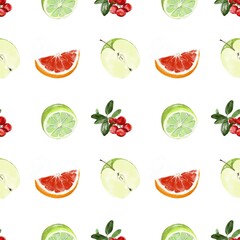 Seamless pattern with apple, lime, orange and cowberry