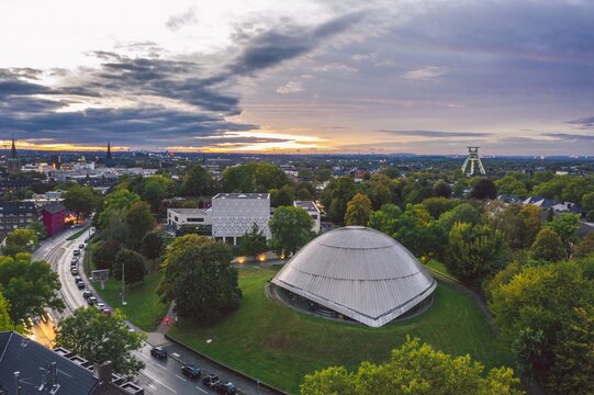 Aerial sunset cityscape of Bochum city, Germany 