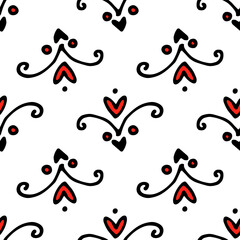 patterns of curlicues red heart with dots. a seamless set of small red hearts and squiggles with curved lines with curls is often placed on white for a valentine's day wedding template