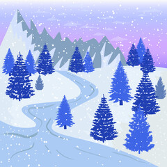 vector illustration of a winter river with fir trees and mountains