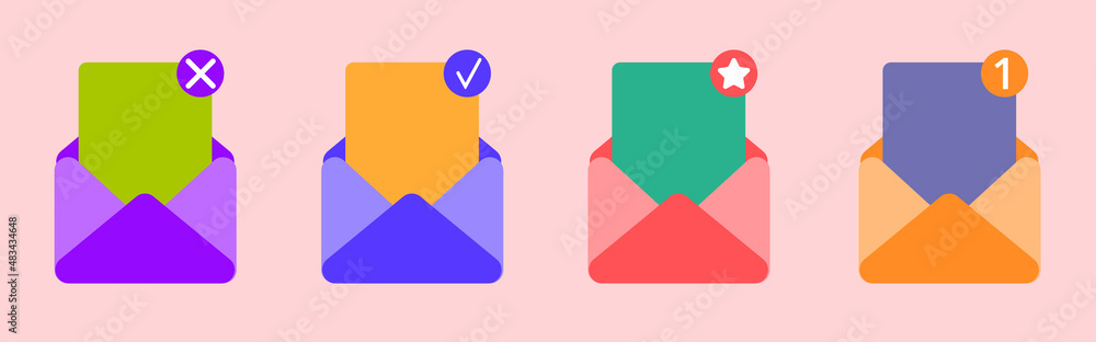 Poster set of open email envelope icon with document. post mail letter. multicolored realistic design isola