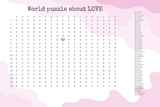 Valentines day word puzzle crossword - find the listed words about love in the brain work puzzle. attentiveness test, riddle game in English. words are located forward and down