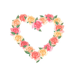 Floral bouquet with roses in the shape of heart. Valentine's day, wedding, happy birthday. Watercolor